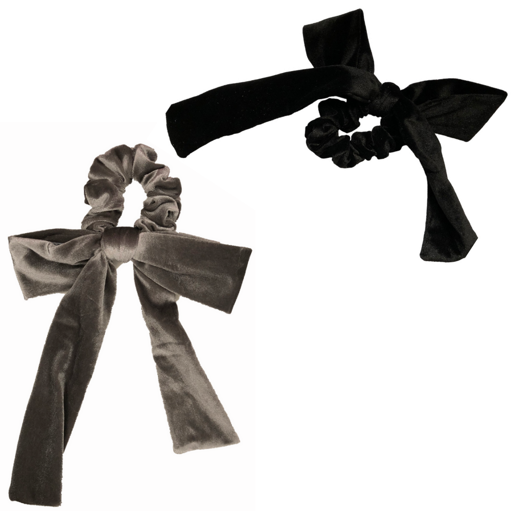 Silver + Black Velvet Bow Tie Scrunchie