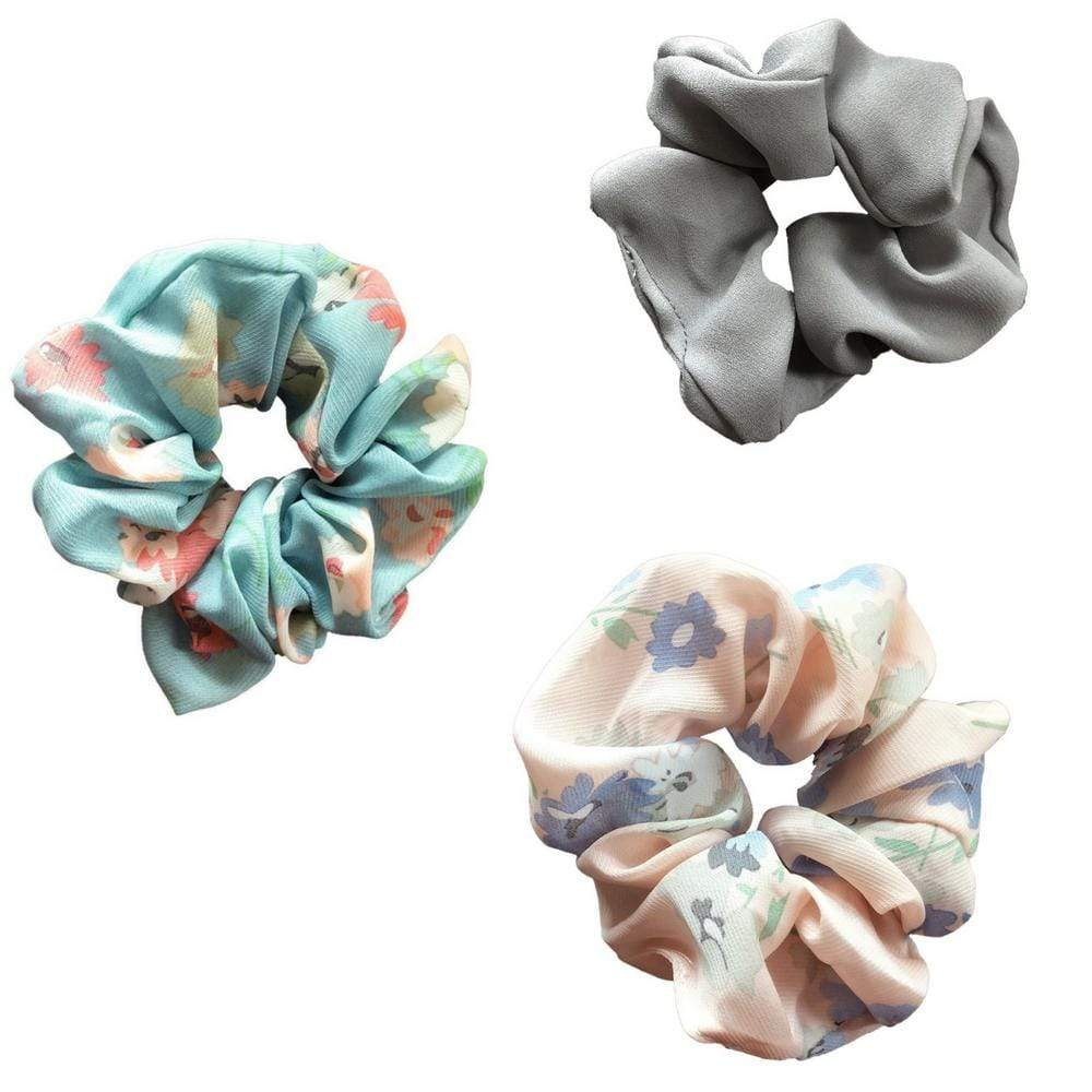 Grey Solid + Floral Scrunchie Set