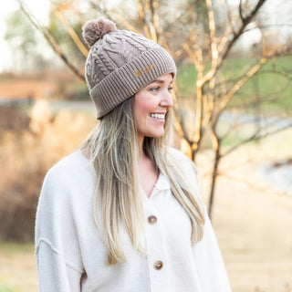 Cable Knit Pom-Pom Beanie - Beige - Headbands of Hope