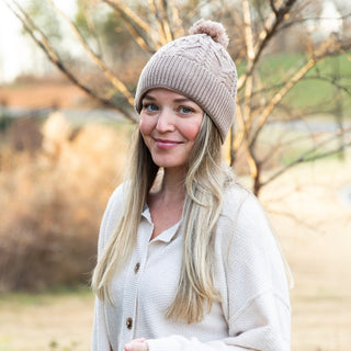 Cable Knit Pom-Pom Beanie - Beige - Headbands of Hope