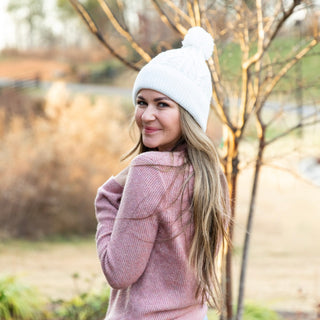 Cable Knit Pom-Pom Beanie - Ivory - Headbands of Hope