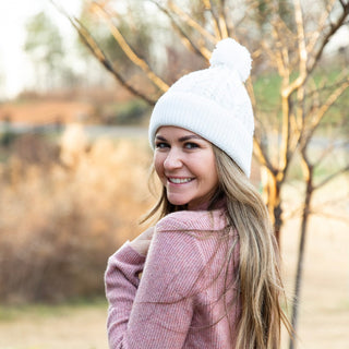 Cable Knit Pom-Pom Beanie - Ivory - Headbands of Hope