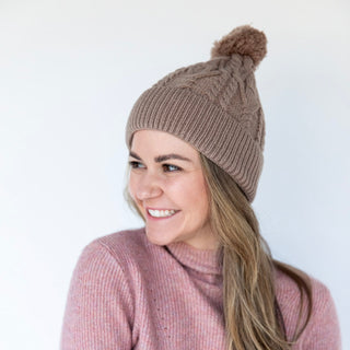 Cable Knit Pom-Pom Beanie - Beige - Headbands of Hope