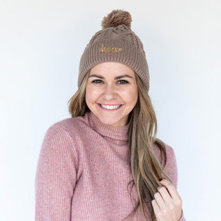 Cable Knit Pom-Pom Beanie - Beige - Headbands of Hope