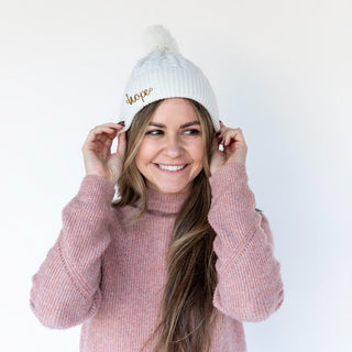 Cable Knit Pom-Pom Beanie - Ivory - Headbands of Hope