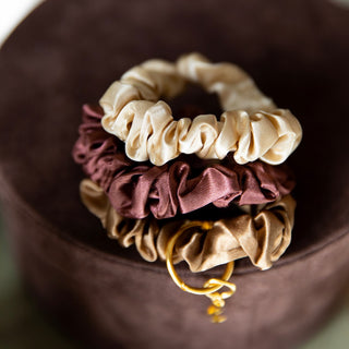 Satin Scrunchie Set - Camel, Chestnut, Cream