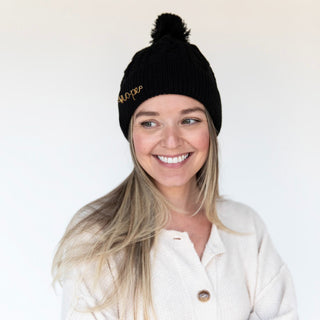 Cable Knit Pom-Pom Beanie - Black - Headbands of Hope