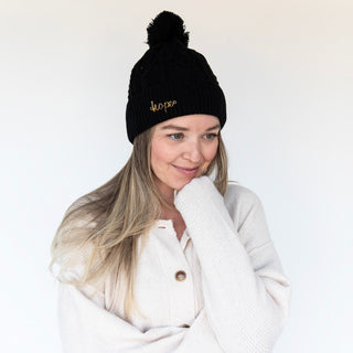 Cable Knit Pom-Pom Beanie - Black - Headbands of Hope