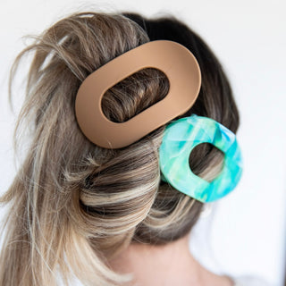 Large Oval Claw Clip Set – Golden Matte & Aqua Marble