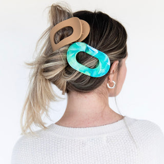 Large Oval Claw Clip Set – Golden Matte & Aqua Marble - Headbands of Hope