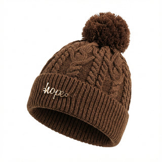 Cable Knit Pom-Pom Beanie - Brown - Headbands of Hope