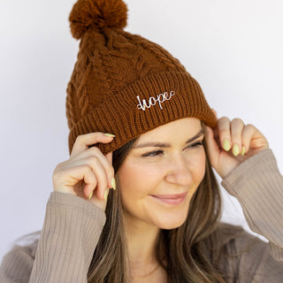 Cable Knit Pom-Pom Beanie - Brown
