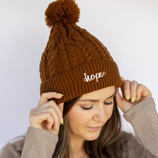 Cable Knit Pom-Pom Beanie - Brown