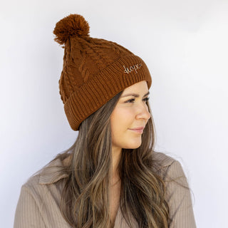 Cable Knit Pom-Pom Beanie - Brown