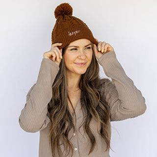 Cable Knit Pom-Pom Beanie - Brown