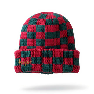 Two-Tone Checkerboard Knit Beanie - Red + Green - Headbands of Hope