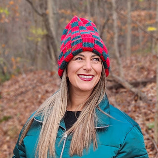 Two-Tone Checkerboard Knit Beanie - Red + Green - Headbands of Hope