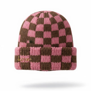 Two-Tone Checkerboard Knit Beanie - Pink + Brown - Headbands of Hope