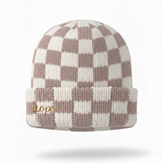 Two-Tone Checkerboard Knit Beanie - Cream + Brown - Headbands of Hope