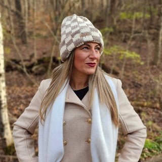 Two-Tone Checkerboard Knit Beanie - Cream + Brown - Headbands of Hope