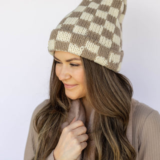 Gorro de punto a cuadros bicolor - Crema + Marrón