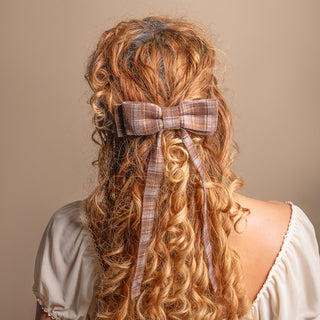 Long Ribbon Bow Barrette - Espresso Plaid