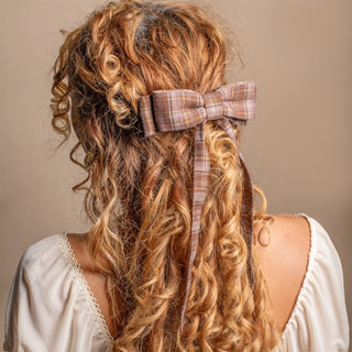 Long Ribbon Bow Barrette - Espresso Plaid
