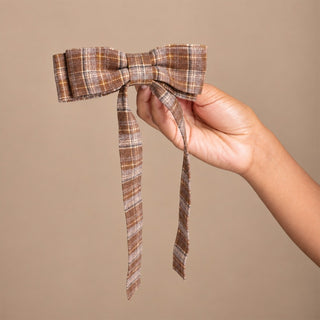 Long Ribbon Bow Barrette - Espresso Plaid
