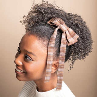 Long Ribbon Bow Barrette - Espresso Plaid