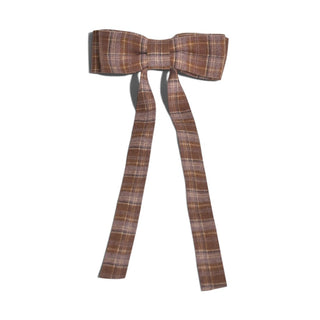 Long Ribbon Bow Barrette - Espresso Plaid