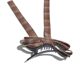 Long Ribbon Bow Barrette - Espresso Plaid