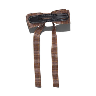 Long Ribbon Bow Barrette - Espresso Plaid