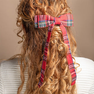 Long Ribbon Bow Barrette - Red Tartan