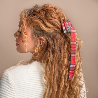 Long Ribbon Bow Barrette - Red Tartan