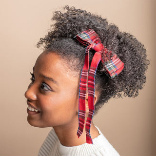 Long Ribbon Bow Barrette - Red Tartan