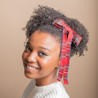 Long Ribbon Bow Barrette - Red Tartan