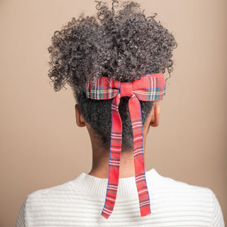 Long Ribbon Bow Barrette - Red Tartan