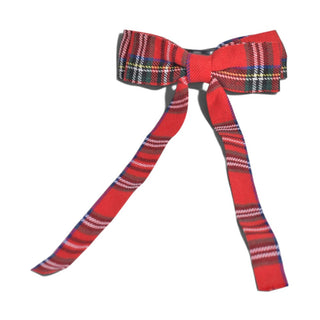 Long Ribbon Bow Barrette - Red Tartan
