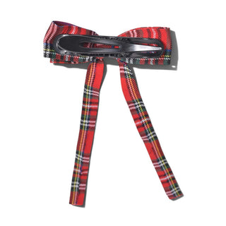Long Ribbon Bow Barrette - Red Tartan