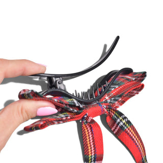 Long Ribbon Bow Barrette - Red Tartan