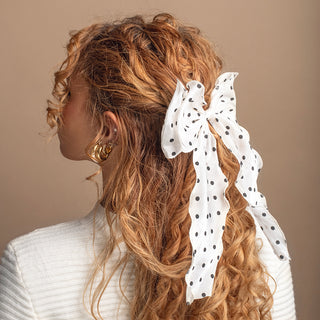 Sheer Organza Bow Barrette - White Polka Dot