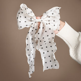 Sheer Organza Bow Barrette - White Polka Dot