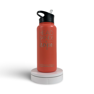 Water bottle with 'Headbands Hope' text on a white background