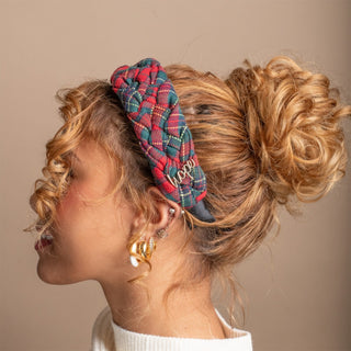 Blushing Braid Headband - Red + Green Plaid