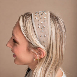 Diadema de malla con cristales - Crema
