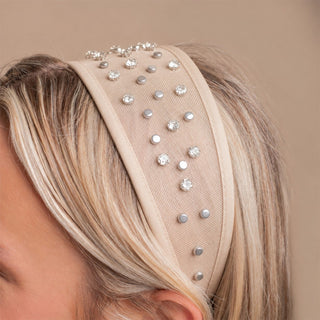 Diadema de malla con cristales - Crema