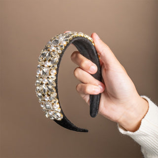 Wide Heirloom Jewel Headband - Black + Gold