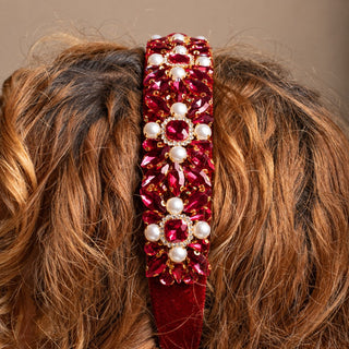 Wide Heirloom Jewel Headband - Ruby Red