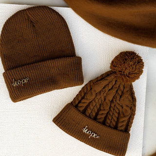 Cable Knit Pom-Pom Beanie - Brown
