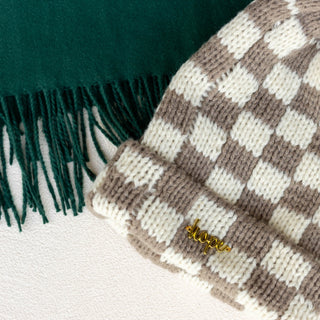 Gorro de punto a cuadros bicolor - Crema + Marrón